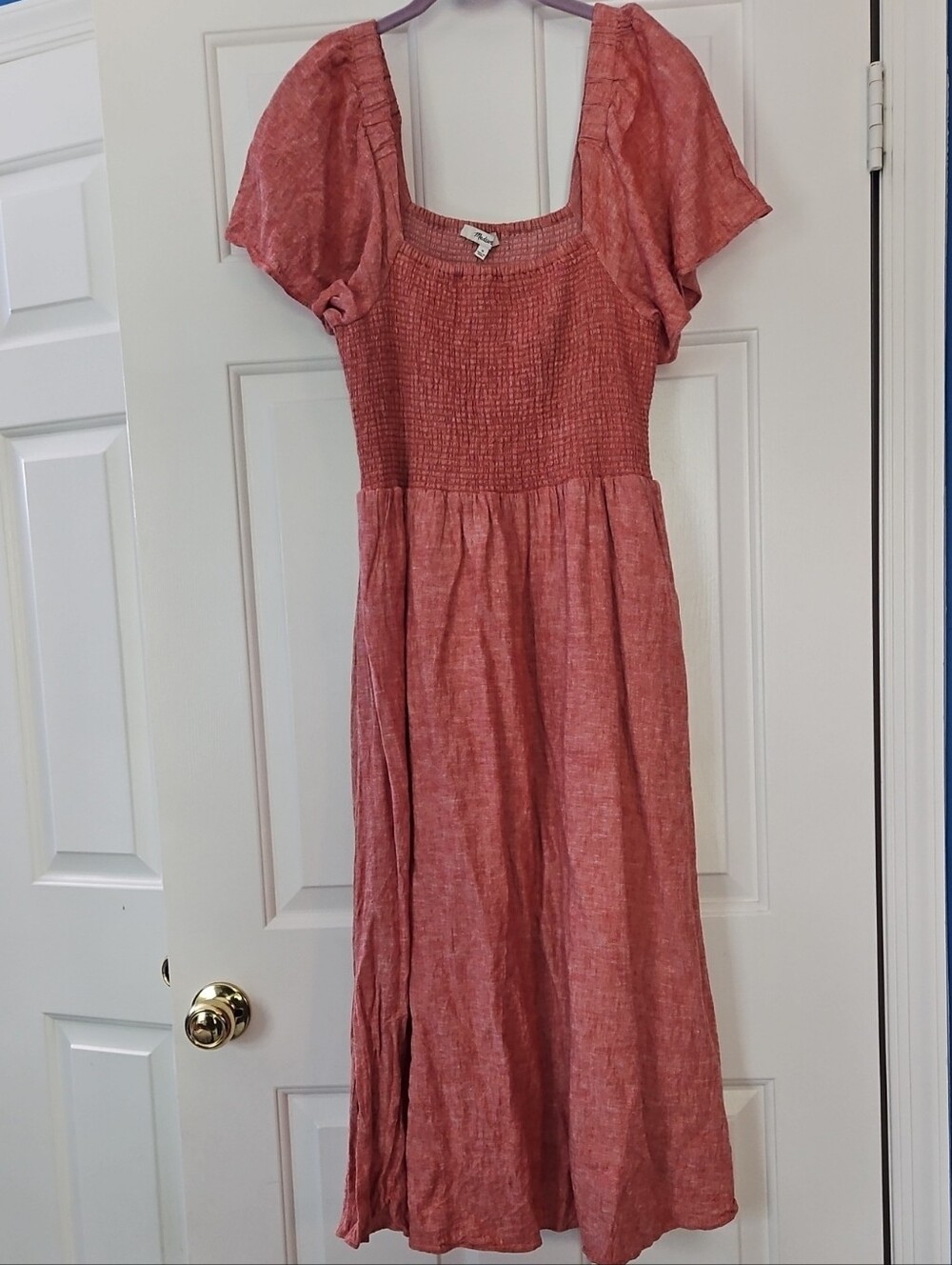 Madewell Dusty Rose Smocked Midi Dress with Puff Sleeves - Picture 2 of 6